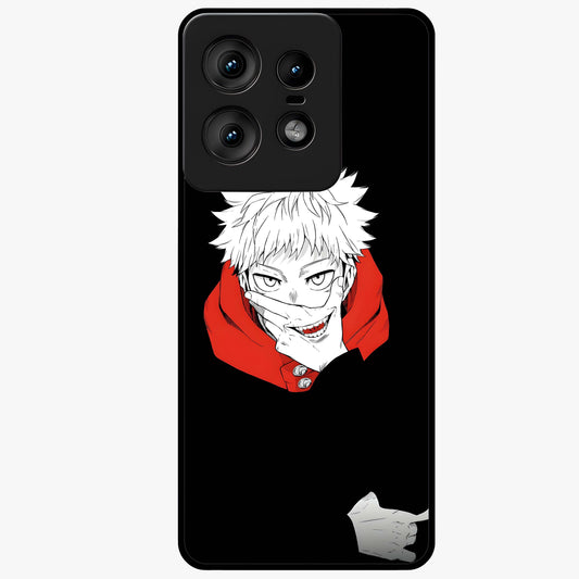 Crimson Chaos Smile Glass Case showing flat back view with bold chaotic smile artwork and glossy glass finish.