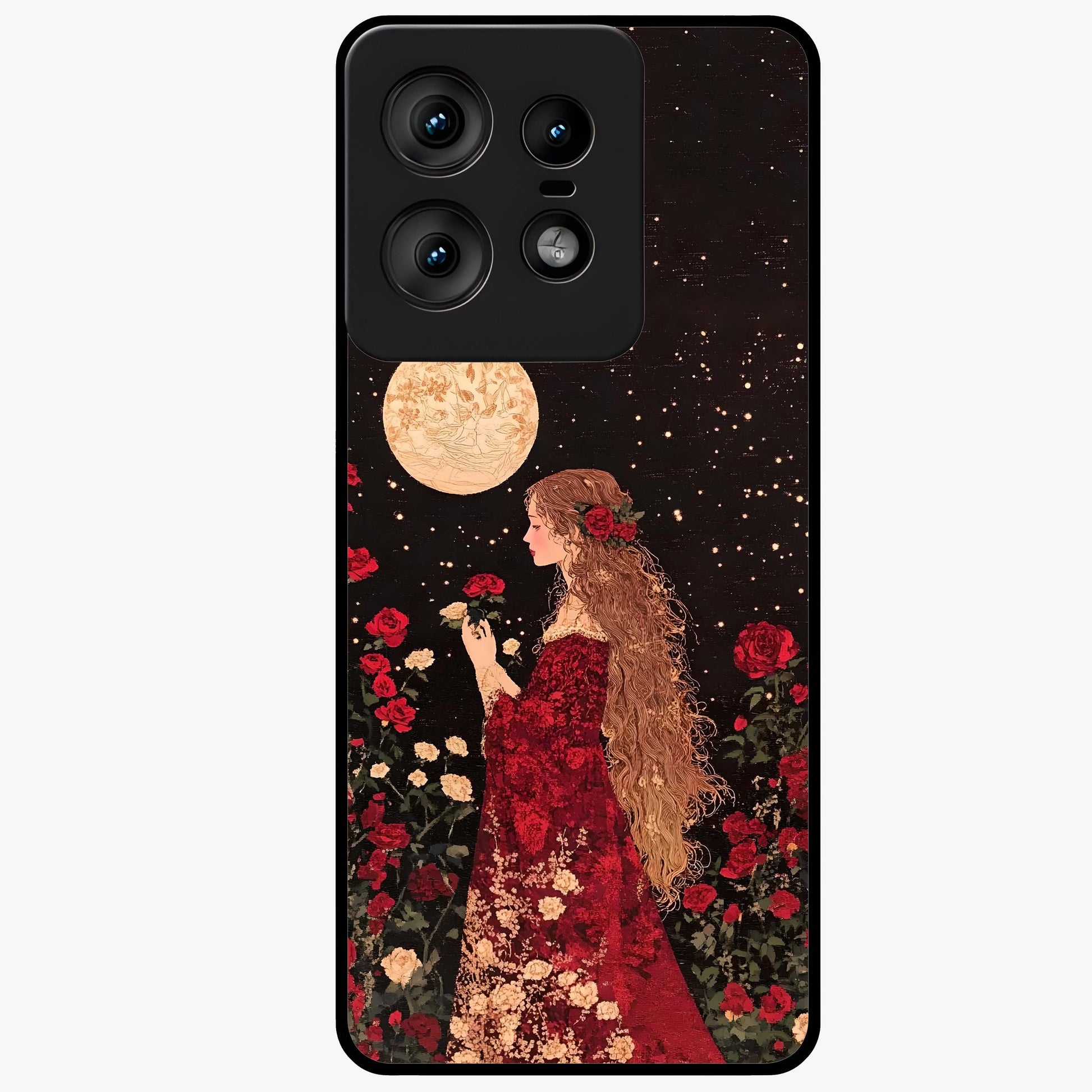 Crimson Dreams Glass Case showing flat back view with dreamy crimson artwork and glossy glass finish.