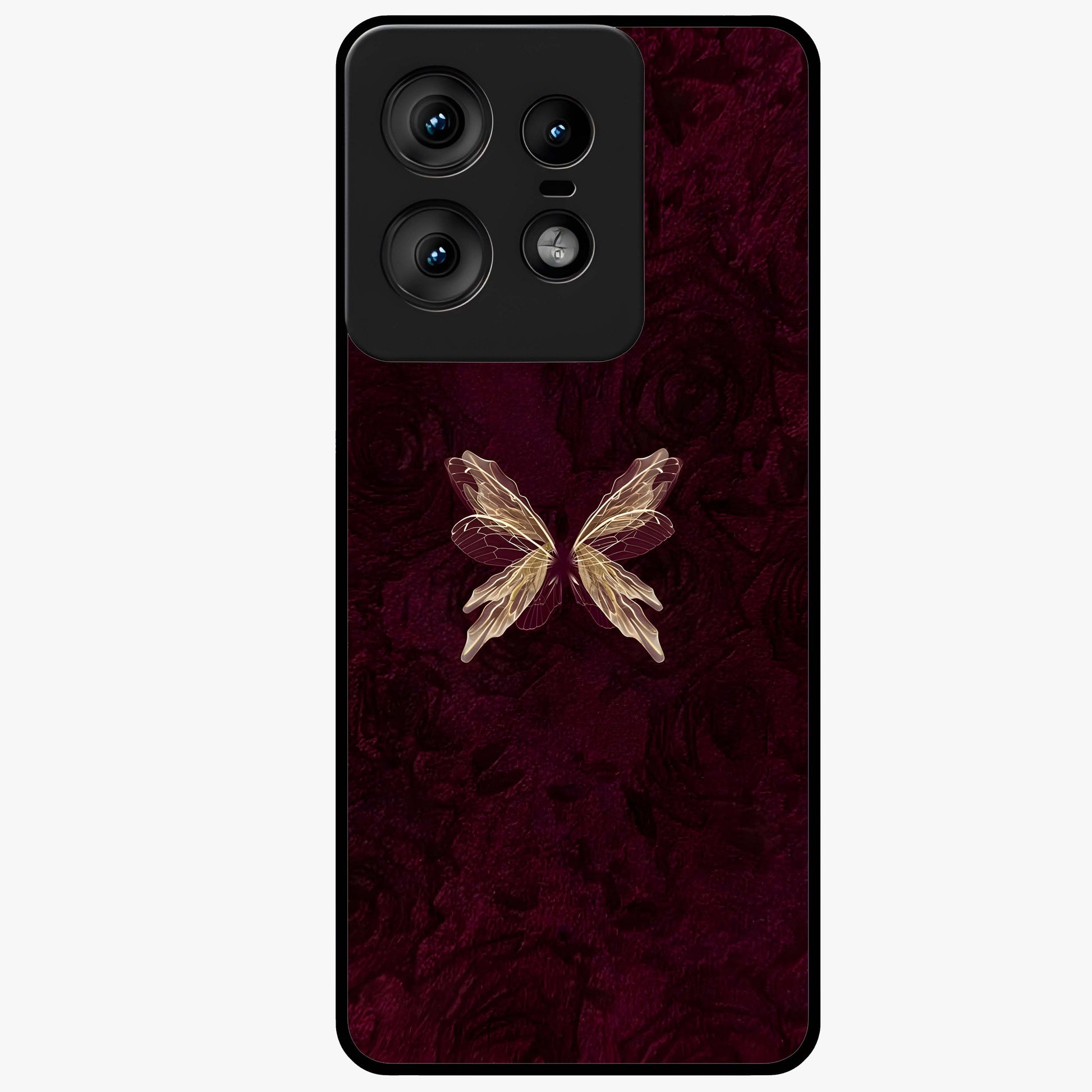 Crimson Fade Butterfly Glass Case showing flat back view with fading butterfly artwork and glossy glass finish.