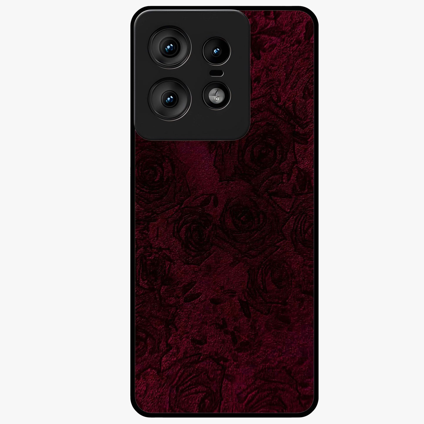 Crimson Fade Flow Glass Case showing flat back view with flowing crimson gradient artwork and glossy glass finish.