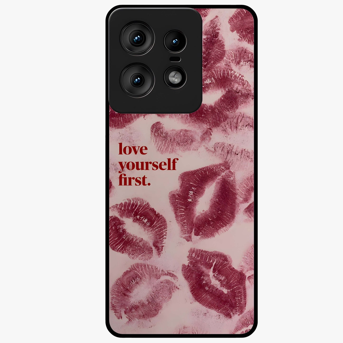 Crimson Kiss Love Glass Case showing flat back view with romantic crimson themed artwork and glossy glass finish.