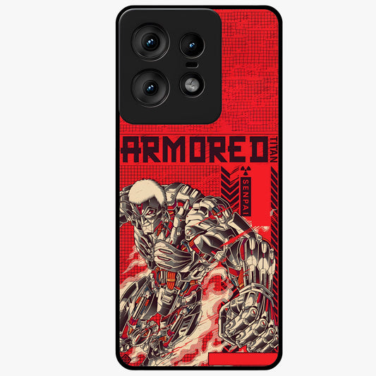 Crimson Mecha Titan Glass Case showing flat back view with powerful mech titan artwork and glossy glass finish.