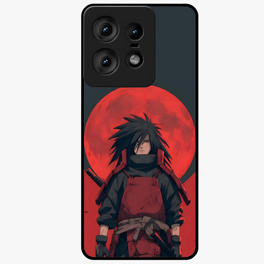 Crimson Moon Warlord Glass Case showing flat back view with mystical moon warrior artwork and glossy glass finish.