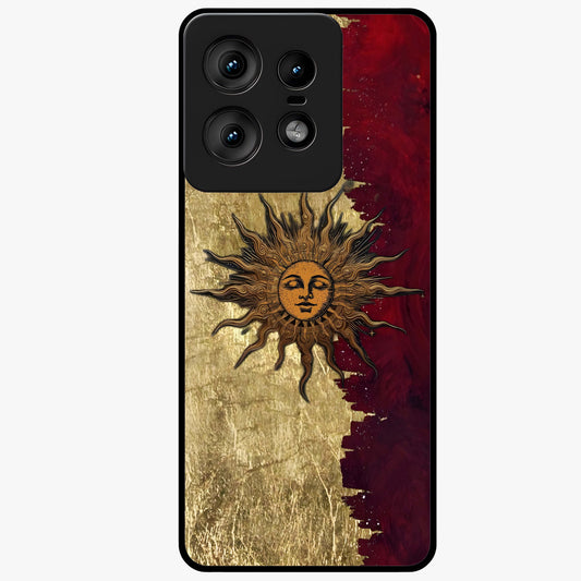 Crimson Sun Majesty Glass Case showing flat back view with radiant sun inspired artwork and glossy glass finish.