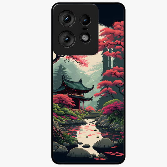 Crimson Temple View Glass Case showing flat back view with temple inspired artwork and glossy glass finish.