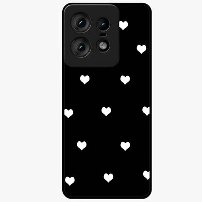 Cute And Simple White Hearts Glass Case showing flat back view with minimal white heart pattern and glossy glass finish.