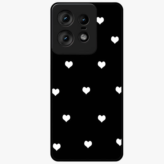 Cute And Simple White Hearts Glass Case showing flat back view with minimal white heart pattern and glossy glass finish.