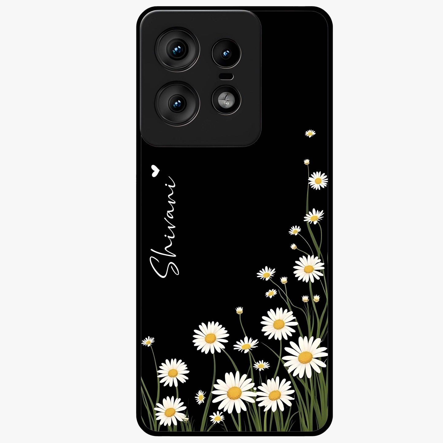 Daisy Cascade Custom Name Glass Case showing flat back view with cascading daisy flowers and personalized name design.