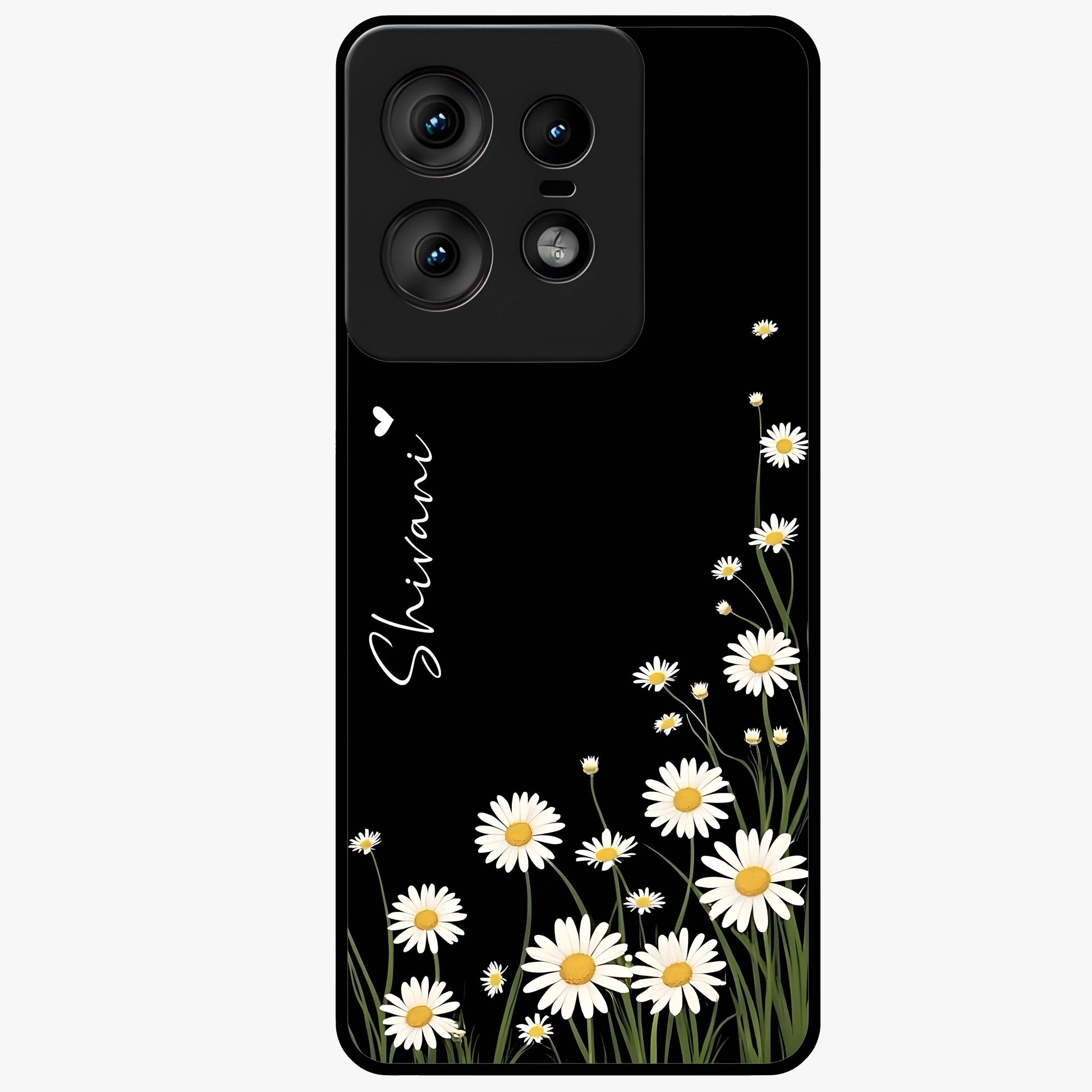 Daisy Cascade Custom Name Glass Case showing flat back view with cascading daisy flowers and personalized name design.