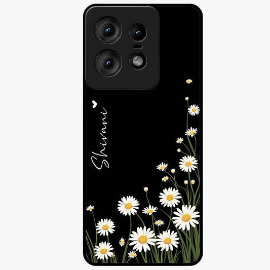 Daisy Cascade Custom Name Glass Case showing flat back view with cascading daisy flowers and personalized name design.