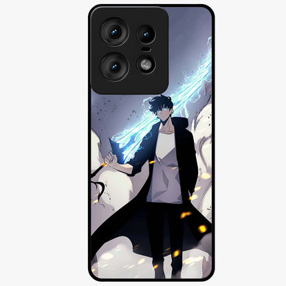 Dark Lightning Anime Warrior Glass Case showing flat back view with intense anime warrior artwork and glossy glass finish.