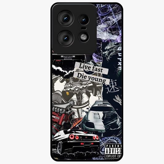 Die Young Glass Case showing flat back view with bold artistic typography design and glossy glass finish.