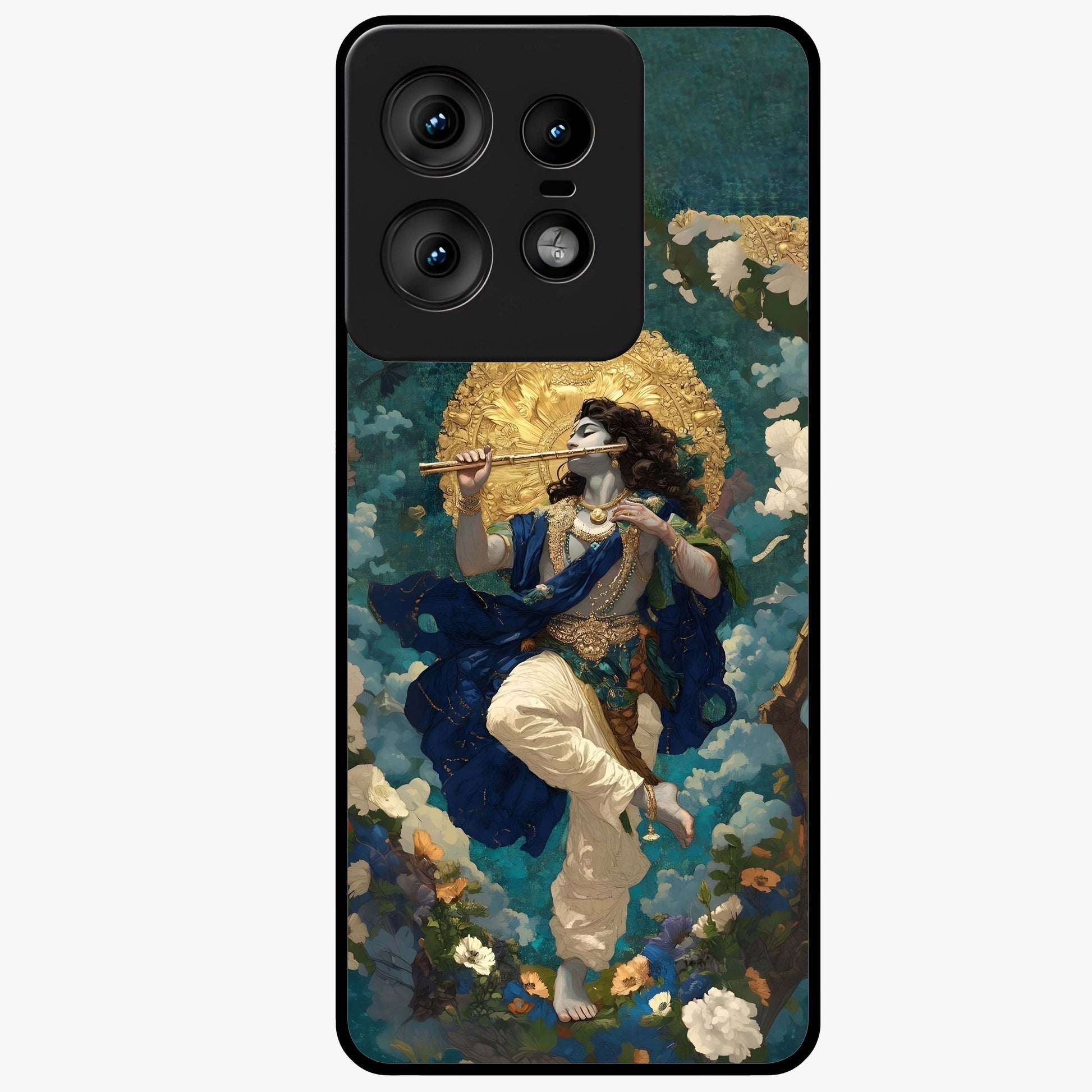 Divine Krishna Art Glass Case showing flat back view with Lord Krishna artwork and glossy glass finish.