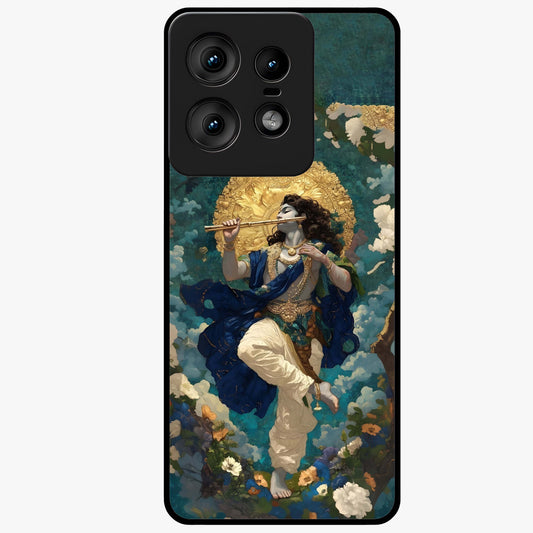Divine Krishna Art Glass Case showing flat back view with Lord Krishna artwork and glossy glass finish.