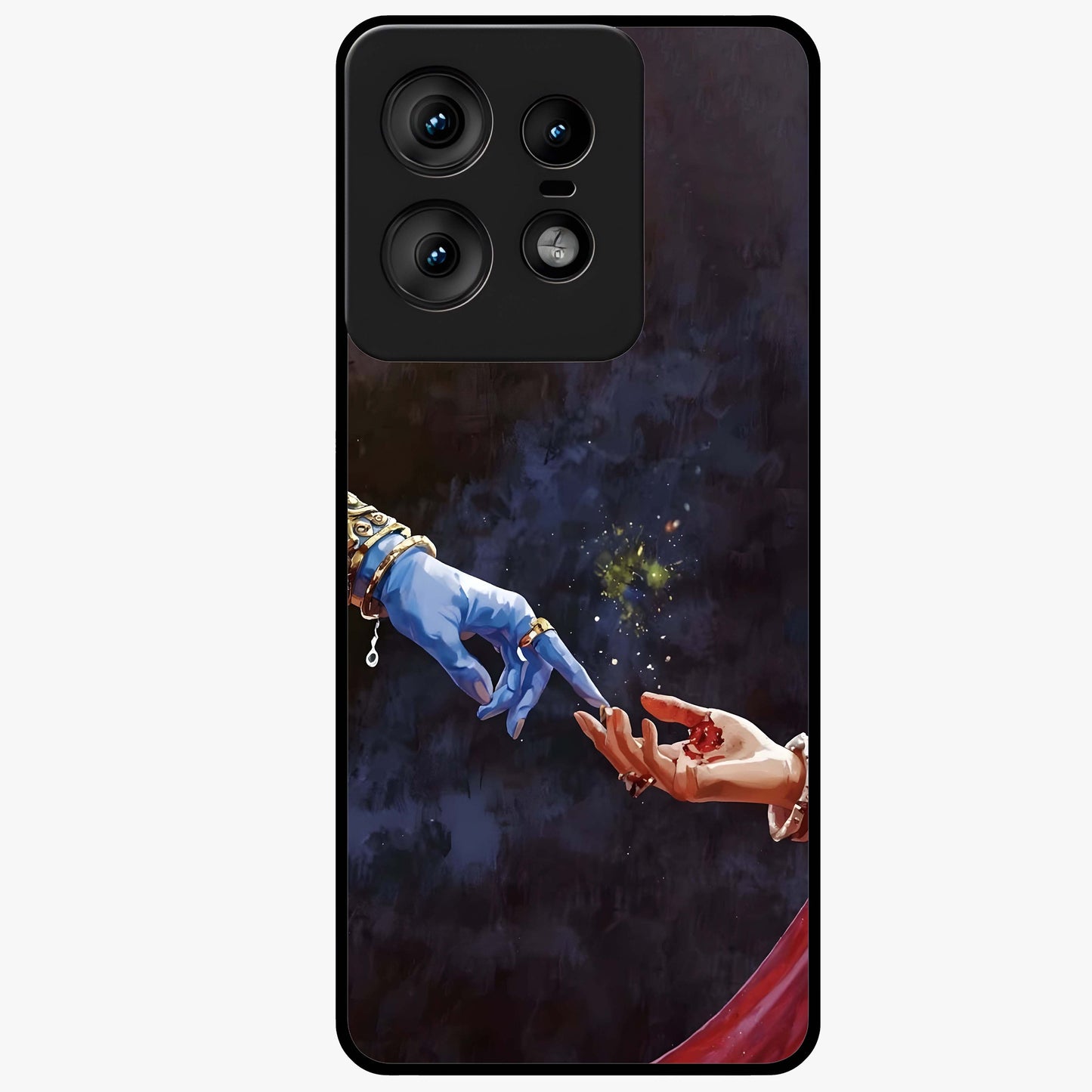 Divine Touch Eternal Glass Case showing flat back view with spiritual themed artwork and glossy glass finish.