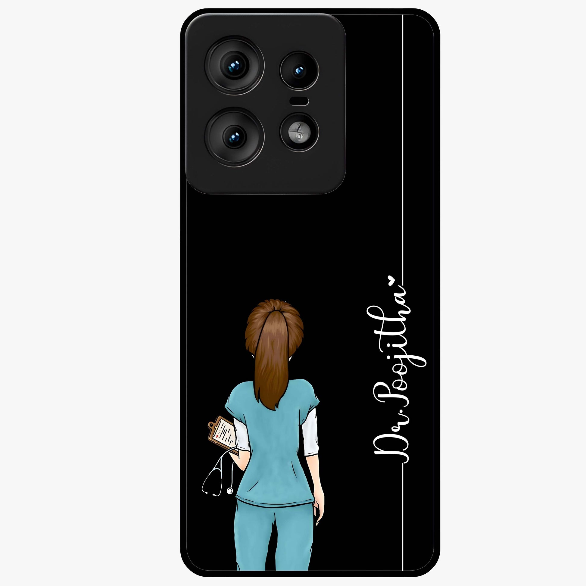 Doctor Pattern Custom Name Glass Case showing flat back view with medical themed pattern and personalized name design.