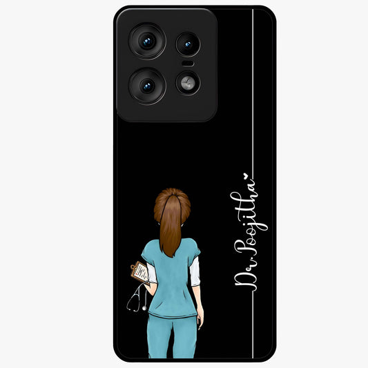 Doctor Pattern Custom Name Glass Case showing flat back view with medical themed pattern and personalized name design.