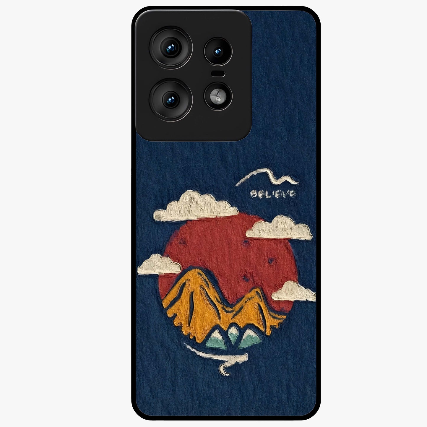 Dream Beyond Mountains Glass Case showing flat back view with scenic mountain landscape artwork and glossy glass finish.
