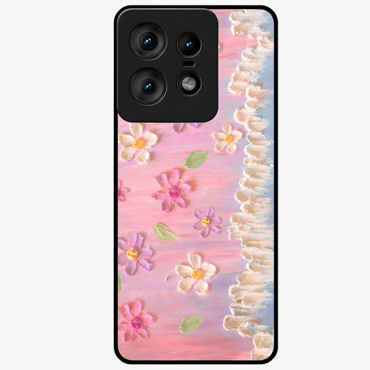 Dreamy Painted Garden Glass Case showing flat back view with artistic painted floral garden artwork and glossy glass finish.
