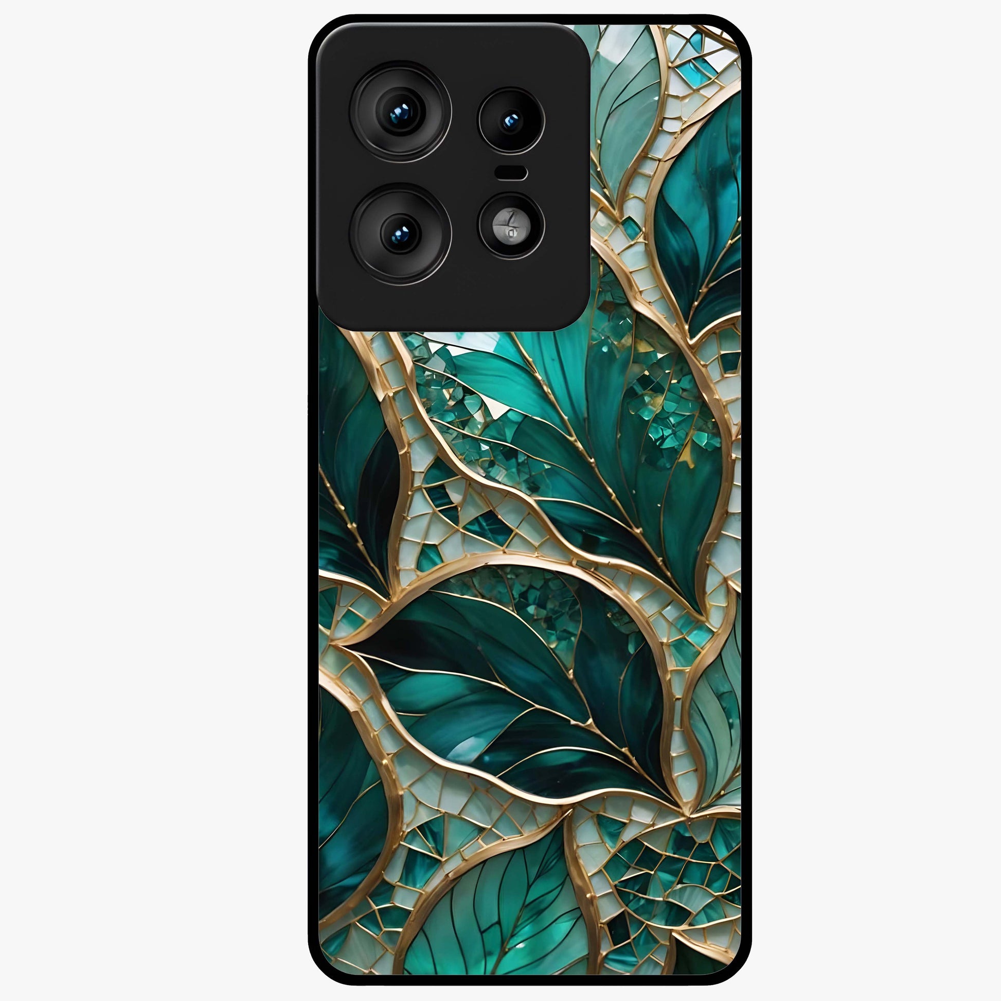 Emerald Leaf Glass Glass Case showing flat back view with emerald green leaf artwork and glossy glass finish.