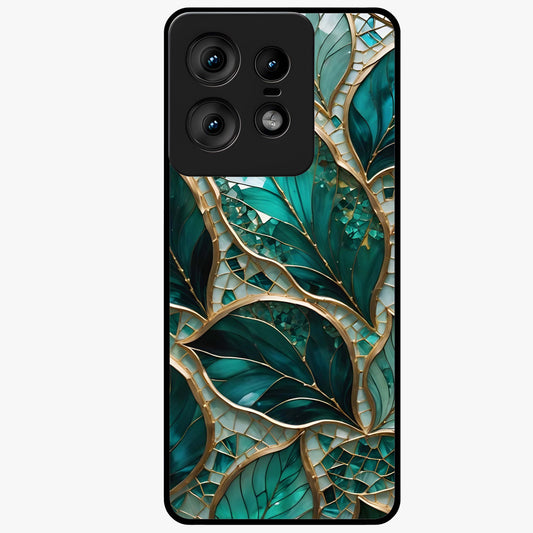 Emerald Leaf Glass Glass Case showing flat back view with emerald green leaf artwork and glossy glass finish.