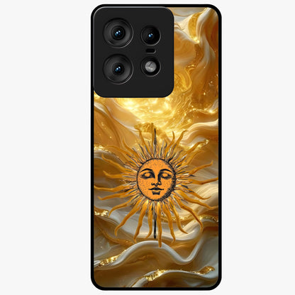 Eternal Golden Glow Glass Case showing flat back view with radiant golden themed artwork and glossy glass finish.