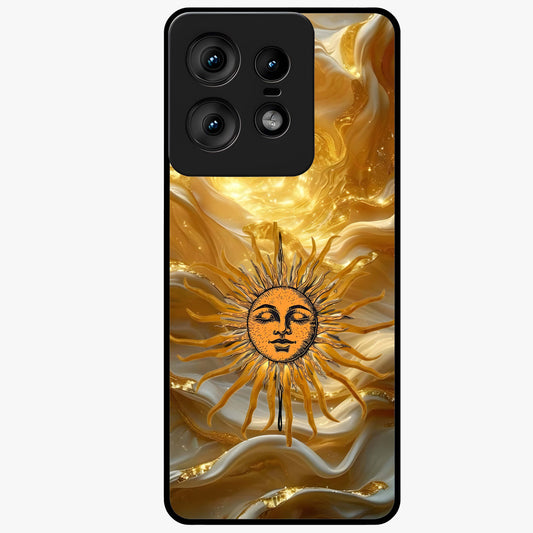 Eternal Golden Glow Glass Case showing flat back view with radiant golden themed artwork and glossy glass finish.