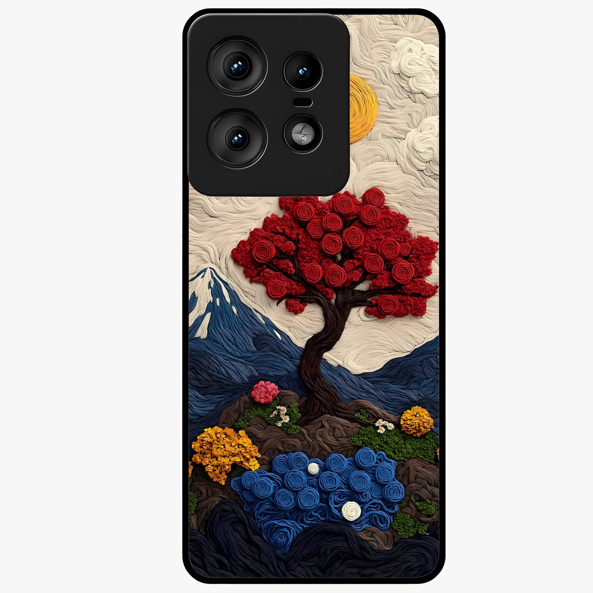 Eternal Nature Tapestry Glass Case showing flat back view with intricate nature tapestry artwork and glossy glass finish.