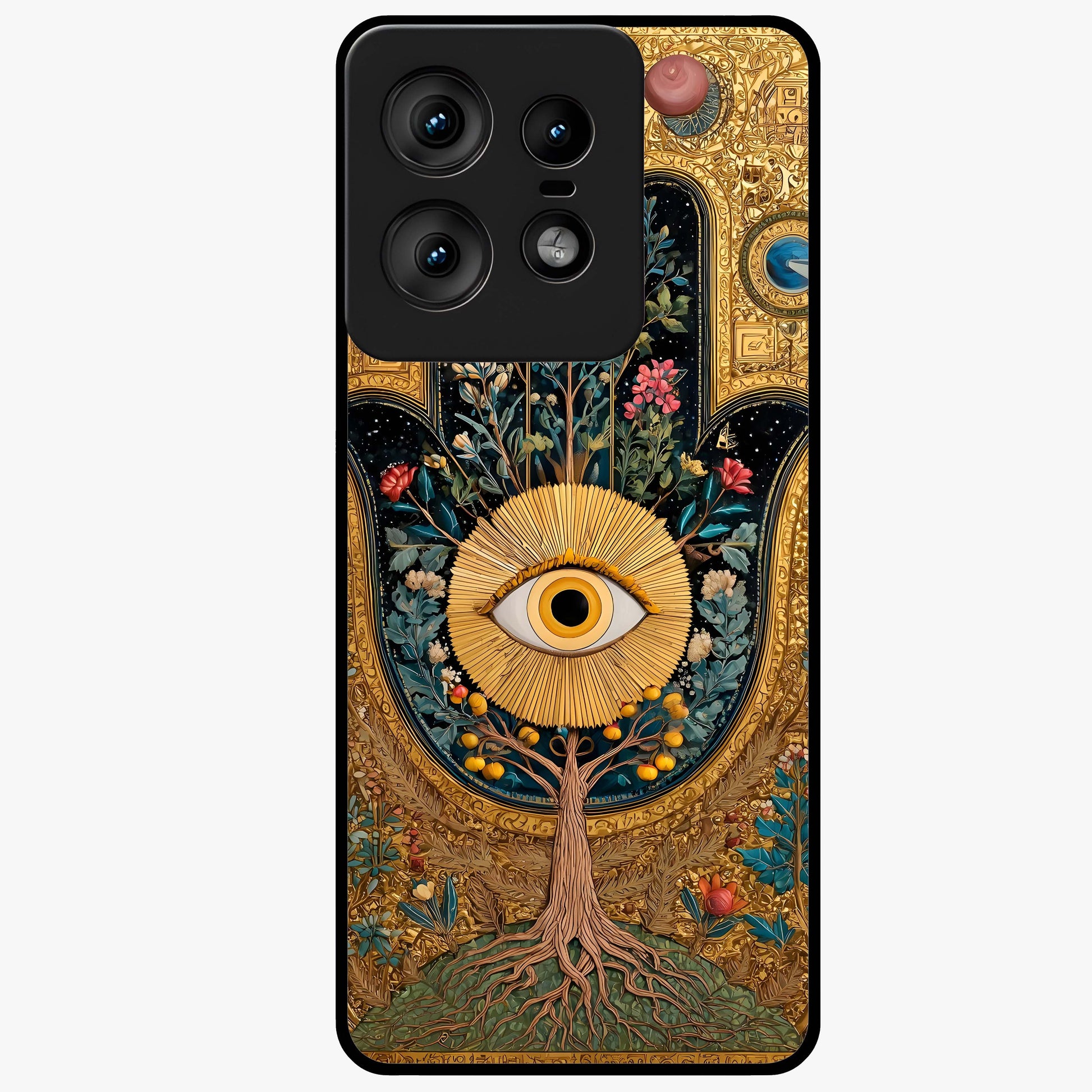 Ethereal Evil Eye Glass Case showing flat back view with mystical evil eye artwork and glossy glass finish.