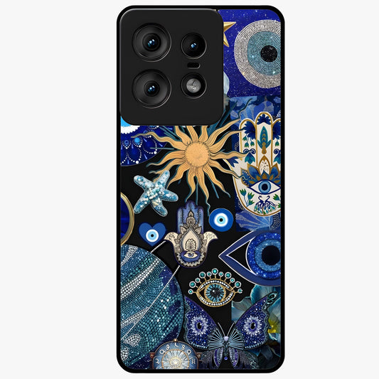 Evil Eye Charm Mix Glass Case showing flat back view with multiple evil eye charms artwork and glossy glass finish.