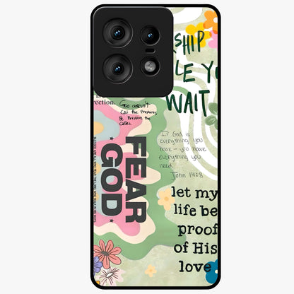 Faith Over Fear Glass Case showing flat back view with motivational typography artwork and glossy glass finish.