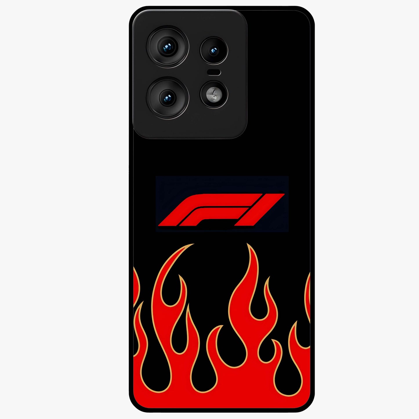Fire F11 Glass Case showing flat back view with fiery themed artwork and glossy glass finish.