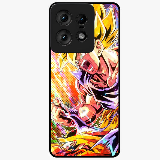 Firing Goku Glass Case showing flat back view with powerful anime inspired artwork and glossy glass finish.