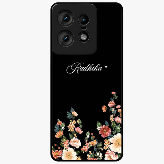 Floral Design With a Custom Personalized Name Glass Case showing flat back view with floral artwork and personalized name design.