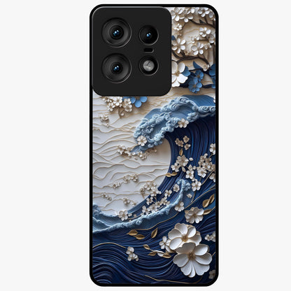 Floral Wave Origami Glass Case showing flat back view with origami inspired floral wave artwork and glossy glass finish.