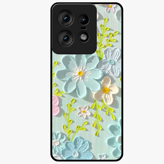 Frosted Petal Garden Glass Case showing flat back view with soft frosted floral artwork and glossy glass finish.