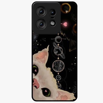Galactic Cat Glass Case showing flat back view with cosmic cat artwork and glossy glass finish.