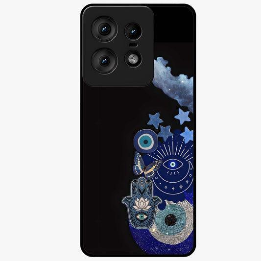 Galactic Charm Cluster Glass Case showing flat back view with glowing celestial charm artwork and glossy glass finish.