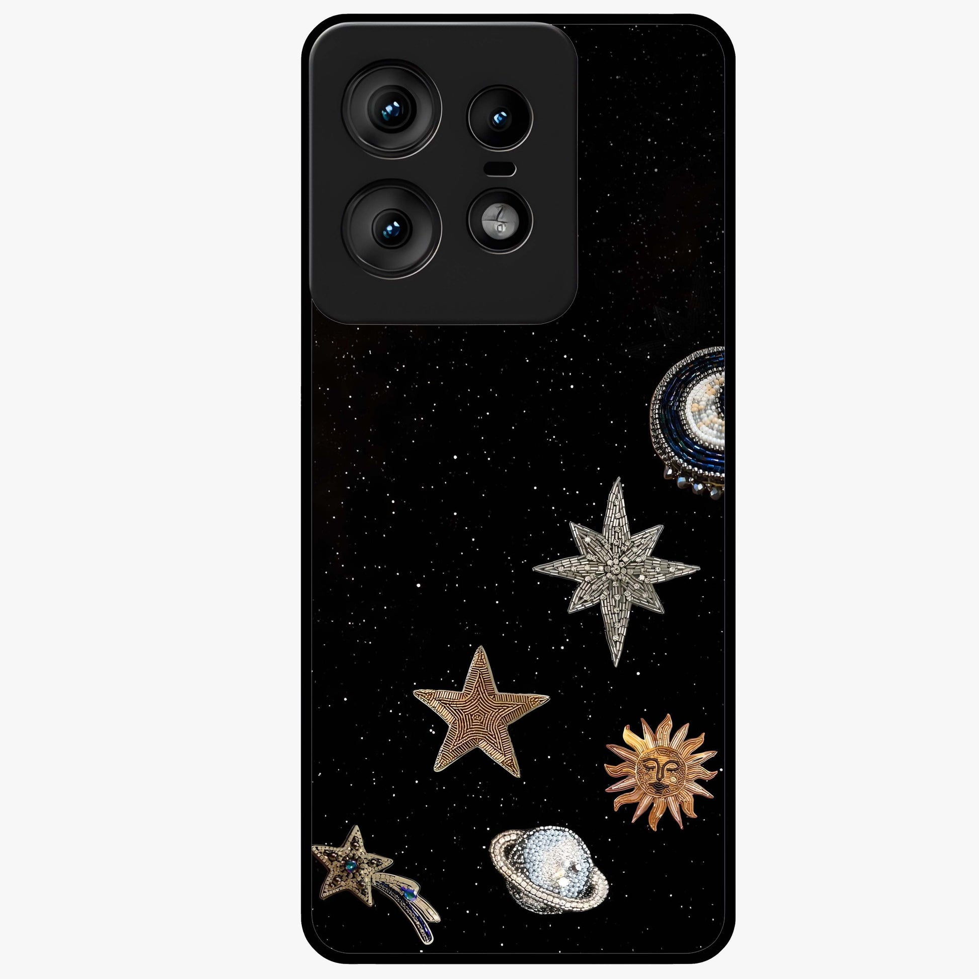 Galactic Charm Glow Glass Case showing flat back view with glowing celestial charm artwork and glossy glass finish.