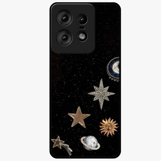 Galactic Charm Glow Glass Case showing flat back view with glowing celestial charm artwork and glossy glass finish.