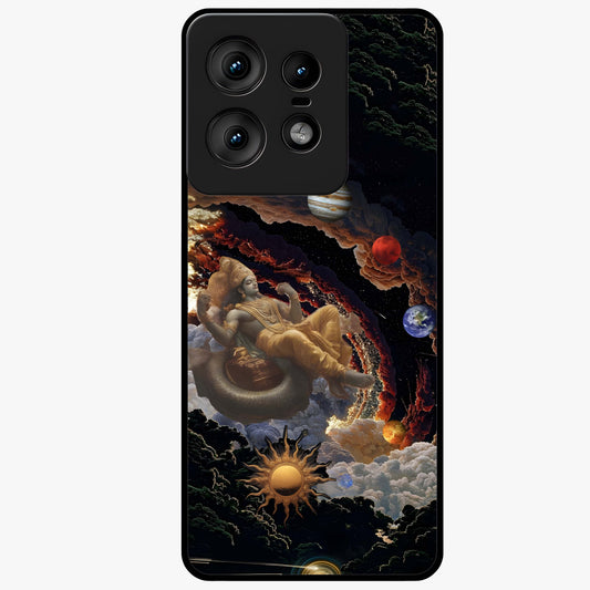 Galactic Divine God Glass Case showing flat back view with divine cosmic themed artwork and glossy glass finish.