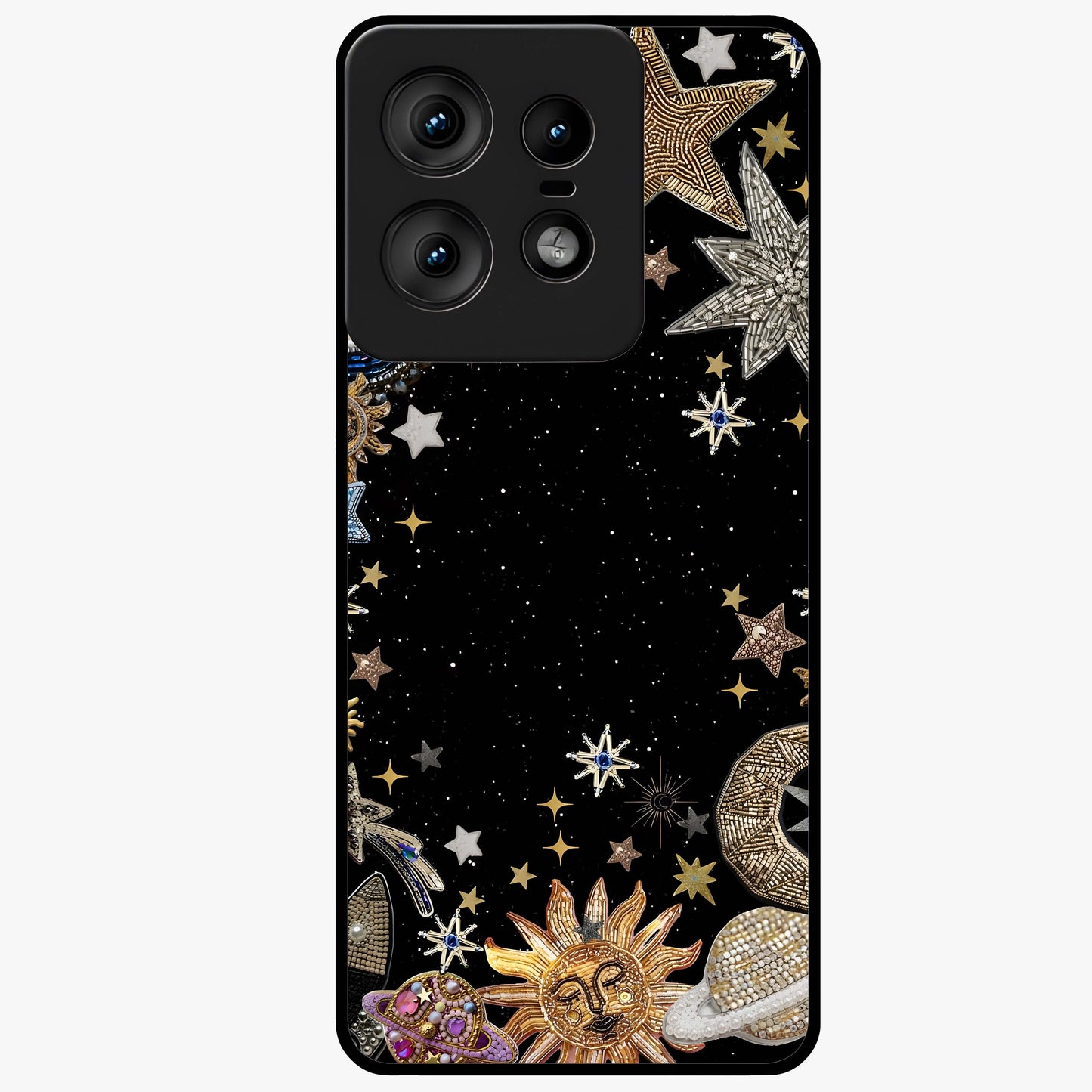 Galactic Jewel Stars Glass Case showing flat back view with sparkling star jewel artwork and glossy glass finish.