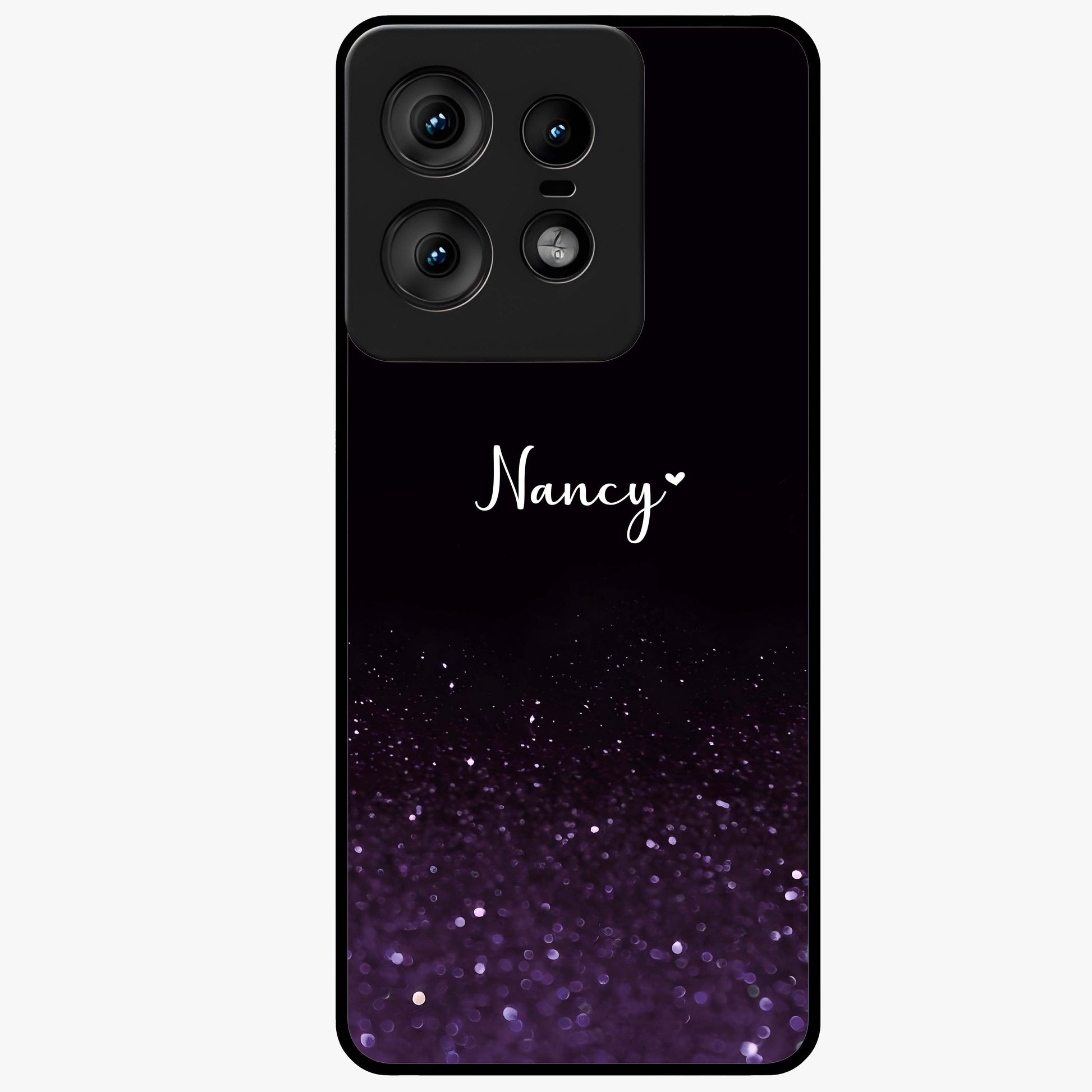 Glittery Purple Bokeh Custom Name Glass Case showing flat back view with purple bokeh sparkle artwork and personalized name design.