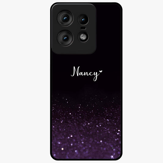 Glittery Purple Bokeh Custom Name Glass Case showing flat back view with purple bokeh sparkle artwork and personalized name design.