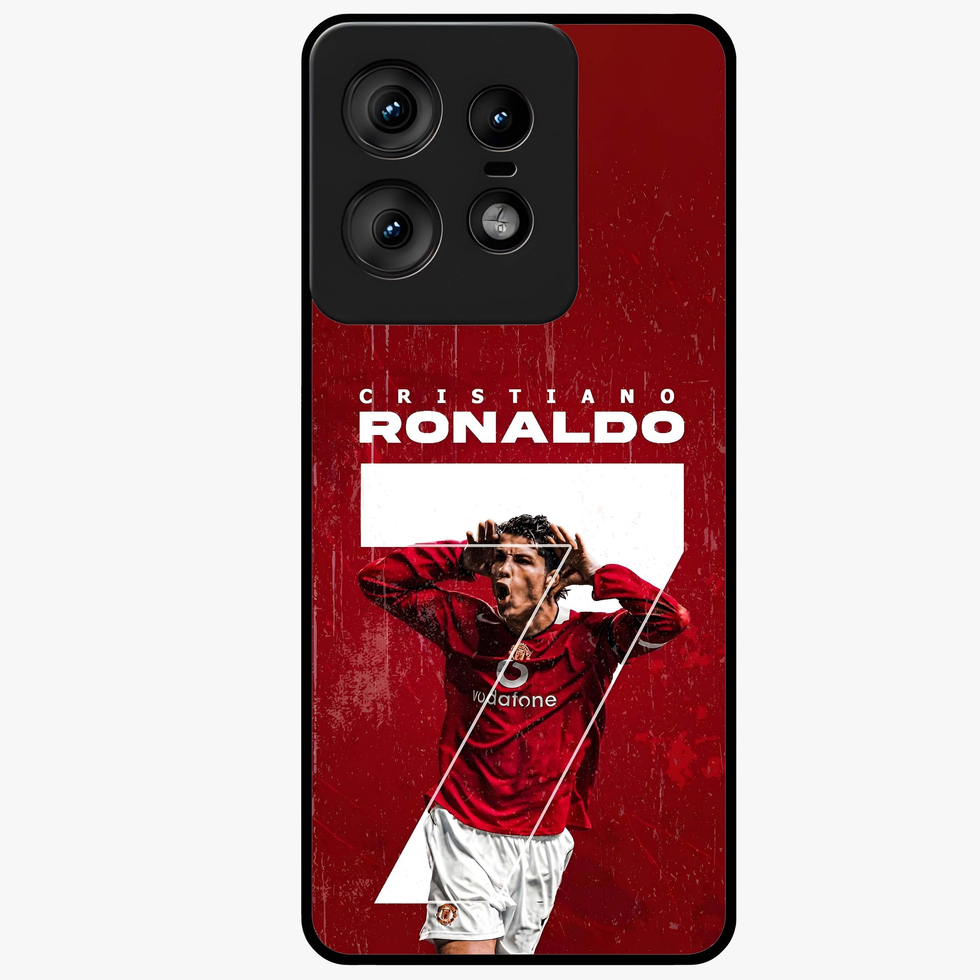 Goal Celebration Legacy Glass Case showing flat back view with football celebration inspired artwork and glossy glass finish.