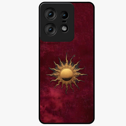 Gold Sun Blush Glass Case showing flat back view with golden sun inspired artwork and glossy glass finish.