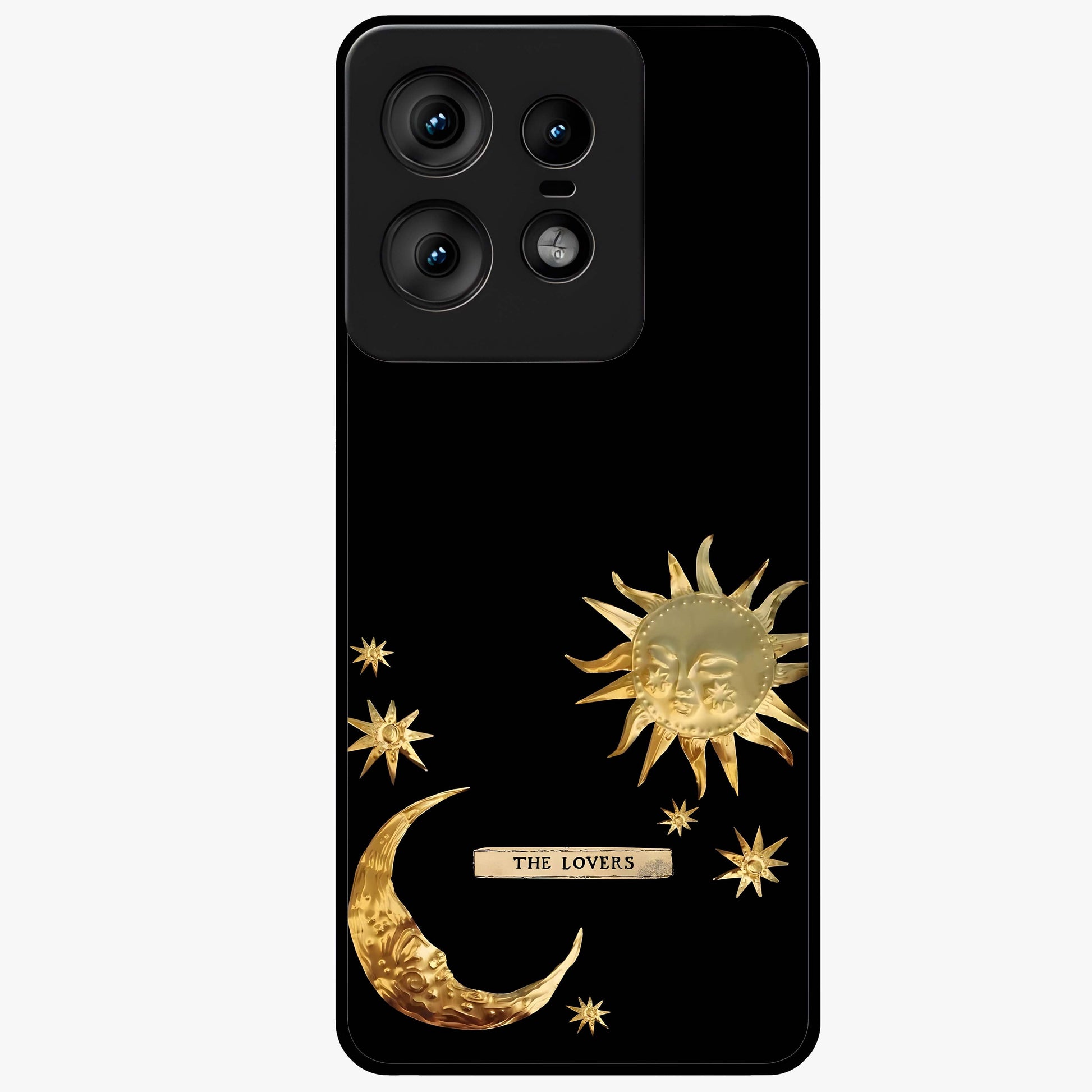 Golden Celestial Charm Glass Case showing flat back view with golden celestial charm artwork and glossy glass finish.