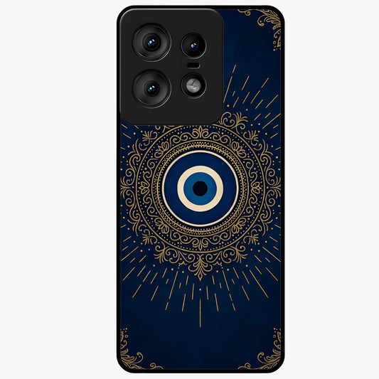 Golden Evil Eye Mandala Glass Case showing flat back view with intricate evil eye mandala artwork and glossy glass finish.
