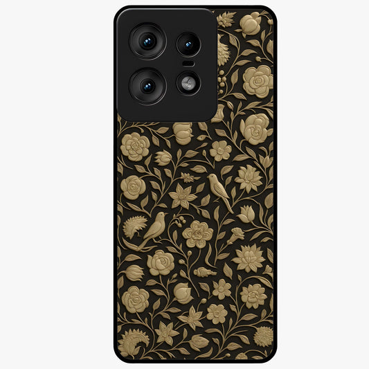 Golden Floral Majesty Glass Case showing flat back view with luxurious golden floral artwork and glossy glass finish.