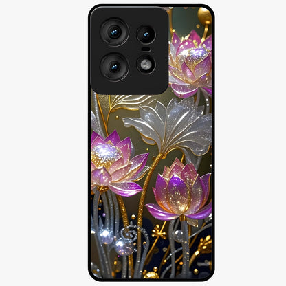 Golden Lotus Glow Glass Case showing flat back view with glowing lotus flower artwork and glossy glass finish.